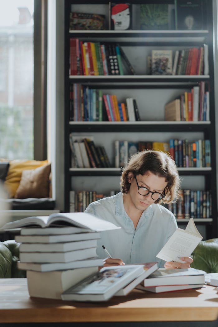 A young man focuses on studying amidst a bookstore environment, surrounded by books.