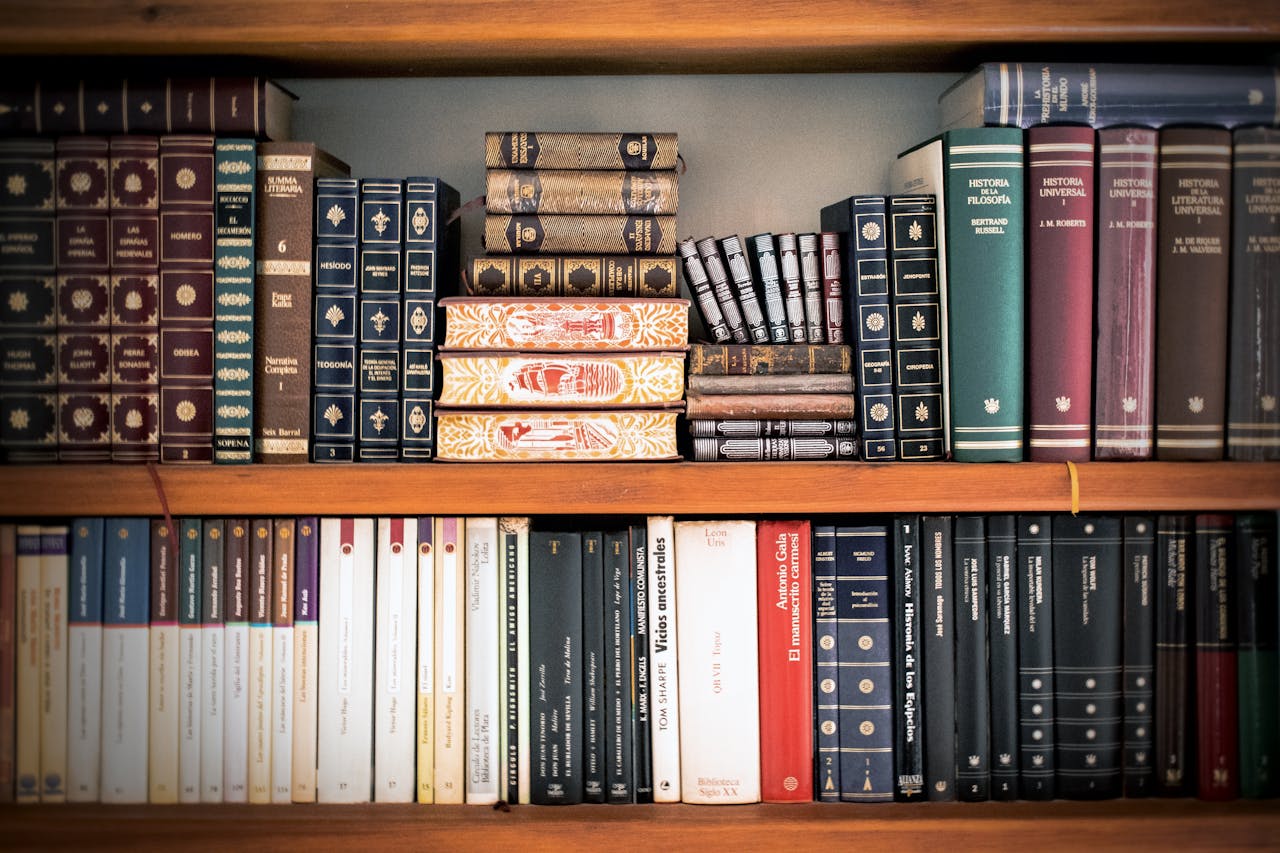 A detailed view of a bookshelf with vintage and classic books arranged neatly, offering a historic ambiance.